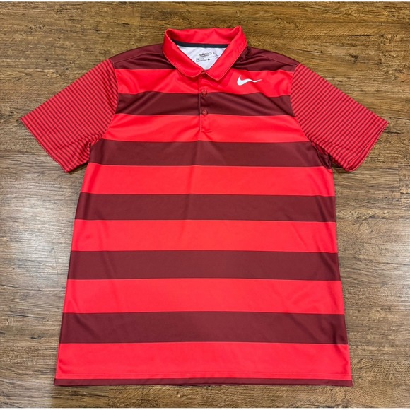 Nike Red Standard Fit Bold Striped Casual Performance Golf Polo Shirt Men Large - Picture 2 of 7